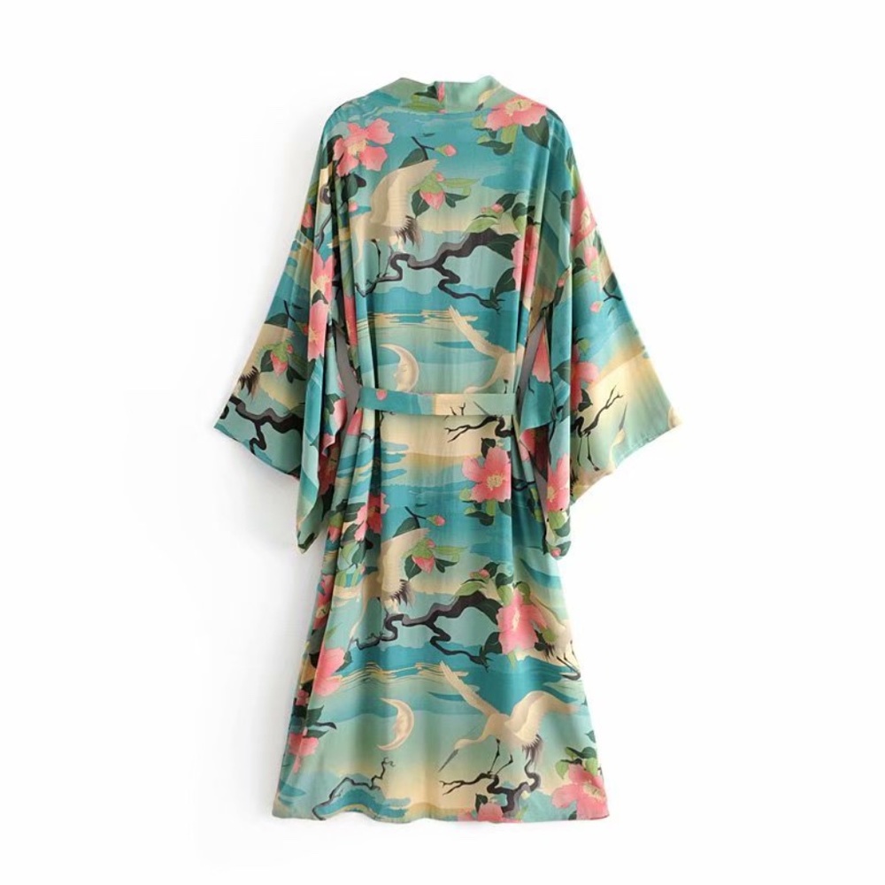 Boho green birds Floral print Kimono cover up - Picture 9 of 10